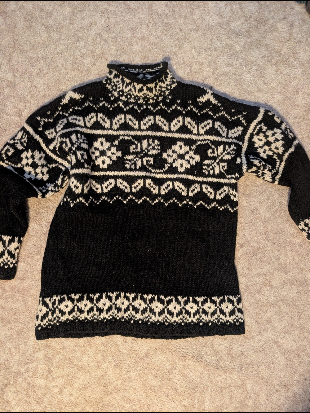 Vintage Express Black and Cream Fair Isle Mock Neck Sweater